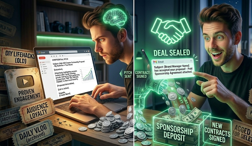 A creator sending a successful email pitch to a brand manager, resulting in a paid sponsorship deal.